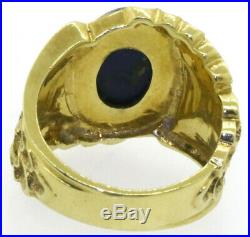 Lapis Lazuli Solitaire Ring w Angel Wing Feathering Gold Work Large Heavy 18K YG