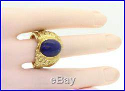 Lapis Lazuli Solitaire Ring w Angel Wing Feathering Gold Work Large Heavy 18K YG