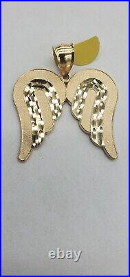 Larg Big Real 14k Yellow Gold diamond cut angel wings Pendant 1.70 inch long