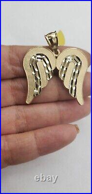 Larg Big Real 14k Yellow Gold diamond cut angel wings Pendant 1.70 inch long