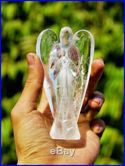 Large 115MM 4 In Clear Crystal Quartz Carved Figurine Wings Handcarved Angel