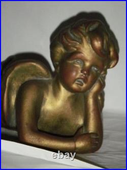 Large 12 Golden Ceramic Cherub, Angel Wings Lying Down Tummy Prone Xmas Protect