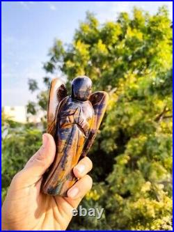 Large 145MM Natural Tiger Eye Quartz Figurine Wings Healing Metaphysical Angel