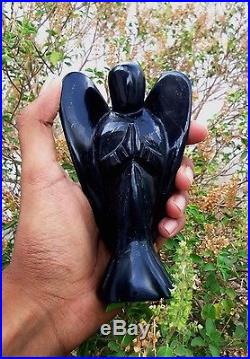 Large 150MM Black Tourmaline Angel Reiki Handcarve Spirit Power Figurine Wings