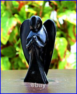 Large 165MM Black Tourmaline Stone Handcarve Spirit Power Angel Figurine Wings