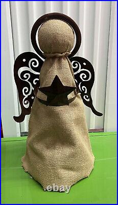 Large 20 Burlap Christmas Tree Topper Angel with Metal Wings & Hallo. Farm House