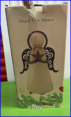 Large 20 Burlap Christmas Tree Topper Angel with Metal Wings & Hallo. Farm House