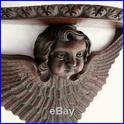 Large 22 Antique French Hand Carved Wood Wall Shelf Figural Angel Cherub Wings