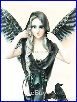 Large 24.5 Tall Hooded Fairy with Angel Wings & Raven Crow Decorative Statue