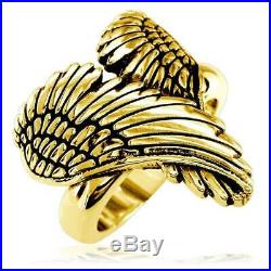Large Angel Heart Wings Ring with Black, Wings Of Love, 22mm in 14K Yellow Gold