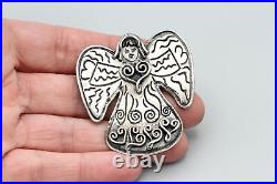 Large Angel Pendant Brooch, 925 Sterling Silver Pin, Woman With Wings And Hearts