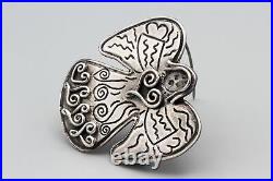 Large Angel Pendant Brooch, 925 Sterling Silver Pin, Woman With Wings And Hearts