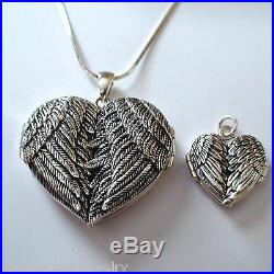 Large Angel Wings Heart Locket Necklace 925 Sterling Silver Memorial Gift SN