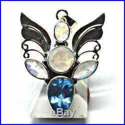 Large Angel Wings Pendant Sterling Silver Natural Crystals Moonstone Blue Topaz