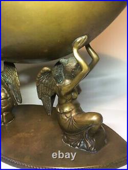 Large Antique Art Nouveau Ornate Brass Pedestal Bowl on Kneeling Winged Angels