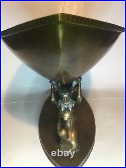 Large Antique Art Nouveau Ornate Brass Pedestal Bowl on Kneeling Winged Angels