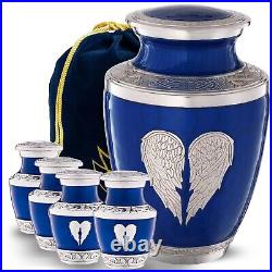 Large Blue Urn Angel Wings with 4 Small Keepsakes