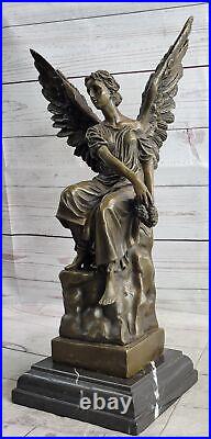 Large Bronze Female With Angelic Wings Marble Sculpture Art Nouveau Style Statue
