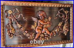 Large Carved Wood Wooden Carving Cherub Putti Winged Angel Wall Plaque Panel Art