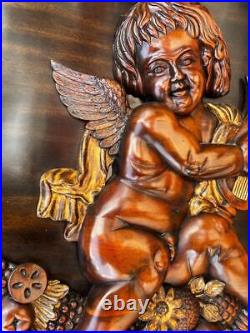 Large Carved Wood Wooden Carving Cherub Putti Winged Angel Wall Plaque Panel Art