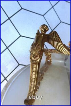 Large Czech Ice Chip Glass Vase with 24K Gold Ormolu Winged Angel Handles
