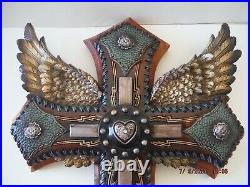 Large Decorative Cross with Angel Wings on Solid Wood Cross 19x12