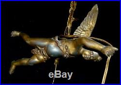 Large French Antique Gilded Timeworn Chandelier Winged Angel Cherub with2 Shades