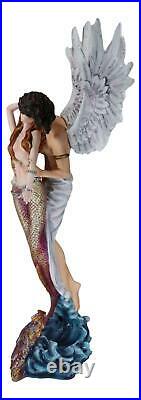 Large Goddess Mermaid Embracing With Heavenly Winged Angel By The Ocean Statue