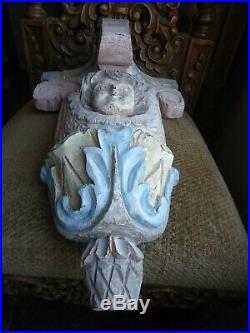 Large Hand Carved Wood Baroque Style Winged Angel Cherub corbel Scone
