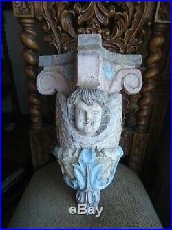 Large Hand Carved Wood Baroque Style Winged Angel Cherub corbel sconce