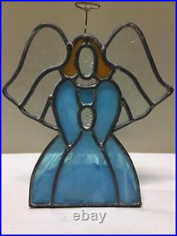 Large Leaded Stained Glass Angel Standing Candle Votive Holder Blue w Halo Wings