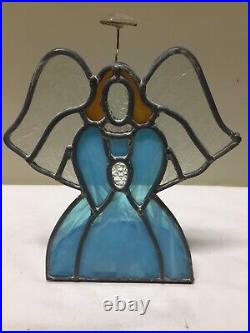 Large Leaded Stained Glass Angel Standing Candle Votive Holder Blue w Halo Wings