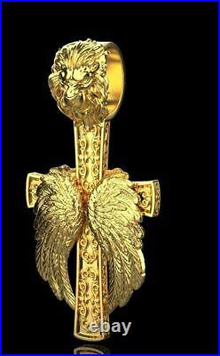 Large Lion king Cross Religious Wings Pendant oxidized 925 silver biker Gift Men
