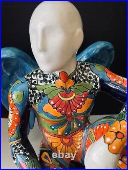 Large Mexican Hand Painted Talavera Ceramic Winged Sitting Saint Sculpture