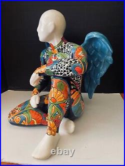 Large Mexican Hand Painted Talavera Ceramic Winged Sitting Saint Sculpture