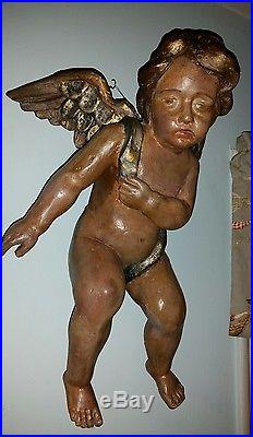 Large Pair of Antique Wood Carved Winged Cherubs Angels 1 19 2 21