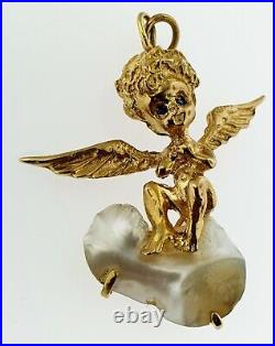 Large RUSER Style 14Kt Gold Angel Cherub Sapphire Eyes Pearl Cloud Pendant