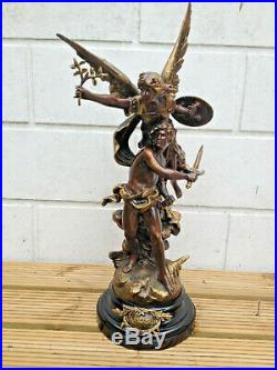 Large Spelter Statue RARE Via Ad Gloriam winged angel & male figure bronze