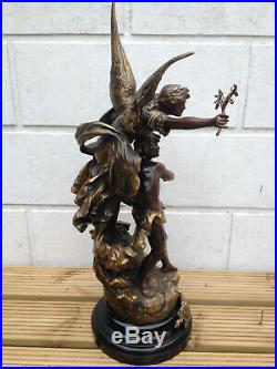 Large Spelter Statue RARE Via Ad Gloriam winged angel & male figure bronze