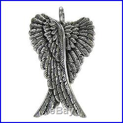 Large Sterling Silver Folded Guardian Angel Wings Feather Pendant Jewelry