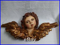 Large Vintage Angel/Cherub Head with Golden Wings Carved Wood and Plaster 3D Art