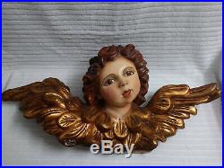 Large Vintage Angel/Cherub Head with Golden Wings Carved Wood and Plaster 3D Art