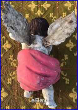 Large Vintage Antique Hand Carved And Painted Primitive Wooden Angel With Wings