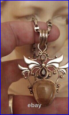 Large Vintage Rutilated Quartz & Sterling Silver Angel Wing Pendant Necklace