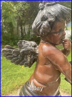 Large Vintage Solid Bronze Angel Cupid Statue Sculpture Wings BRONZE