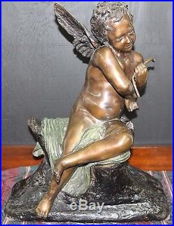 Large Vintage Solid Bronze Angel Cupid Statue Sculpture With Wings