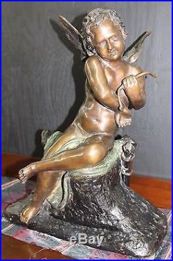 Large Vintage Solid Bronze Angel Cupid Statue Sculpture With Wings