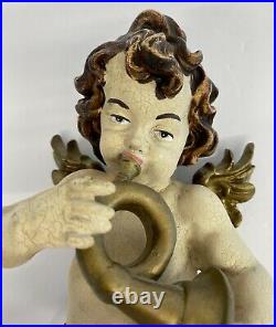 Large Vintage Wood Carved Angel Putto Cherub Religious Winged Santos With Trumpet