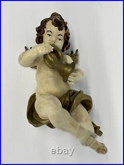 Large Vintage Wood Carved Angel Putto Cherub Religious Winged Santos With Trumpet