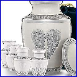 Large White Urn Angel Wings with 4 Small Keepsakes